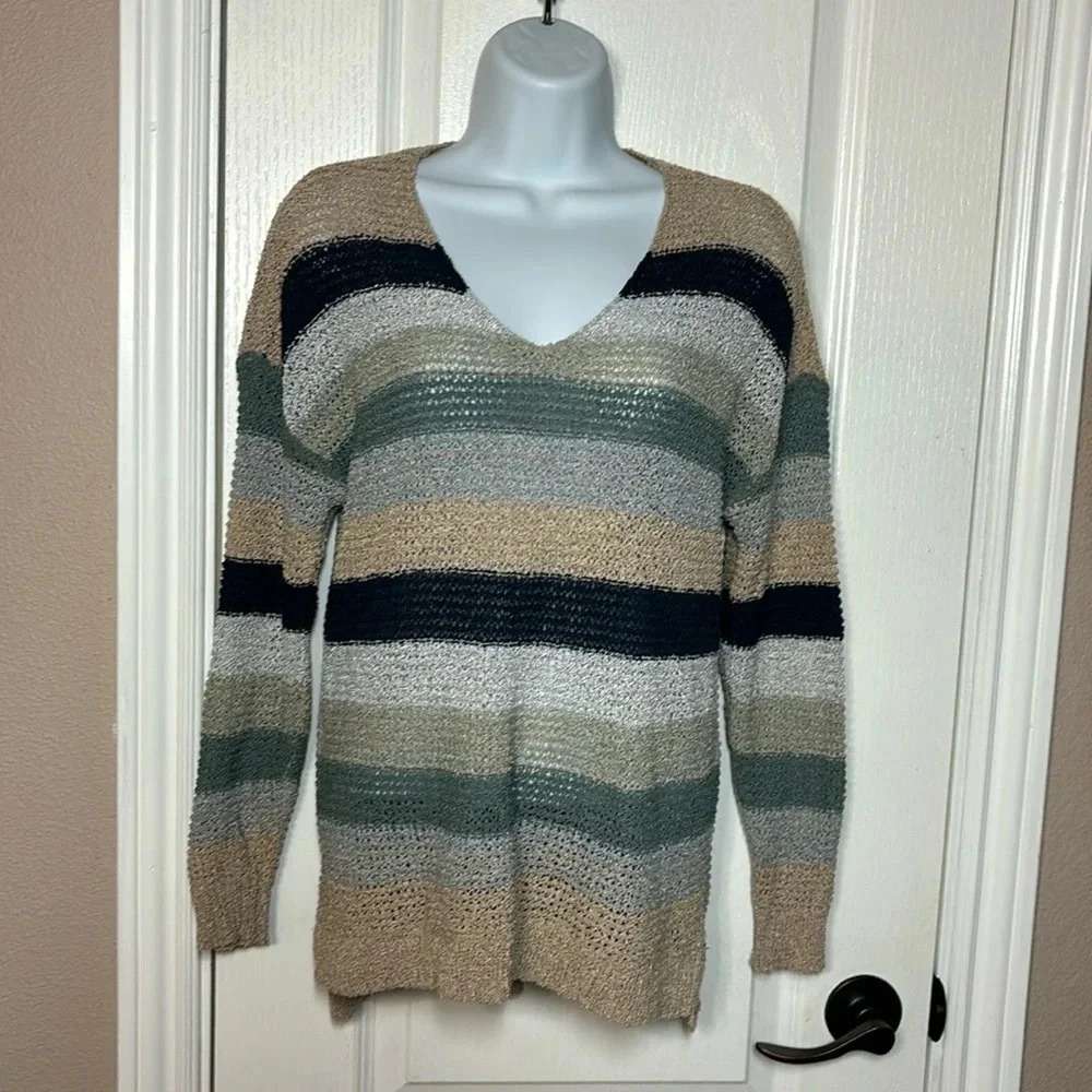 Knox Rose Women's Stripped V-Neck Long Sleeve Pullover Knit Sweater Size XS
